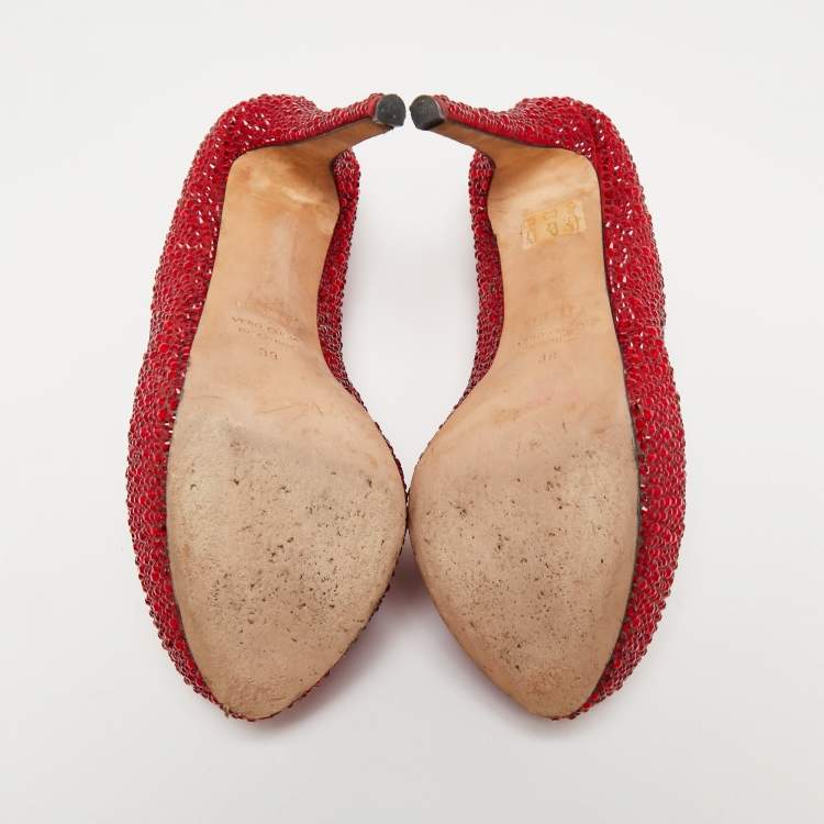 Pre Owned Le Silla Red Crystal Embellished Suede Peep Toe Platform Pumps Size 39