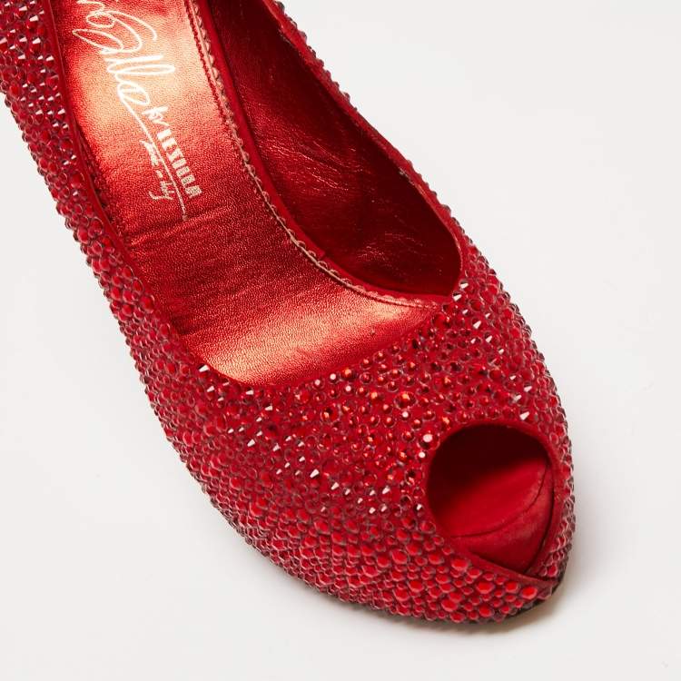 Pre Owned Le Silla Red Crystal Embellished Suede Peep Toe Platform Pumps Size 39