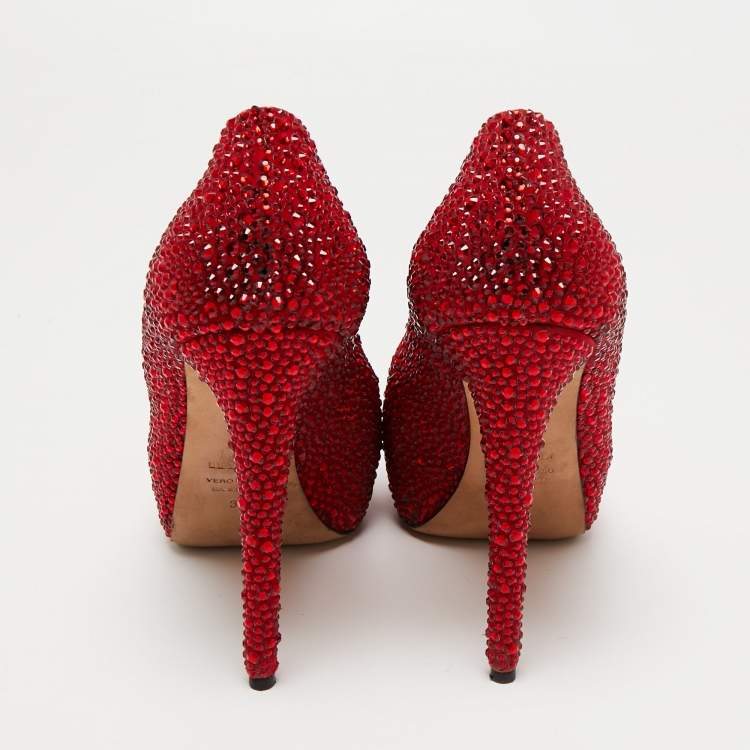 Pre Owned Le Silla Red Crystal Embellished Suede Peep Toe Platform Pumps Size 39
