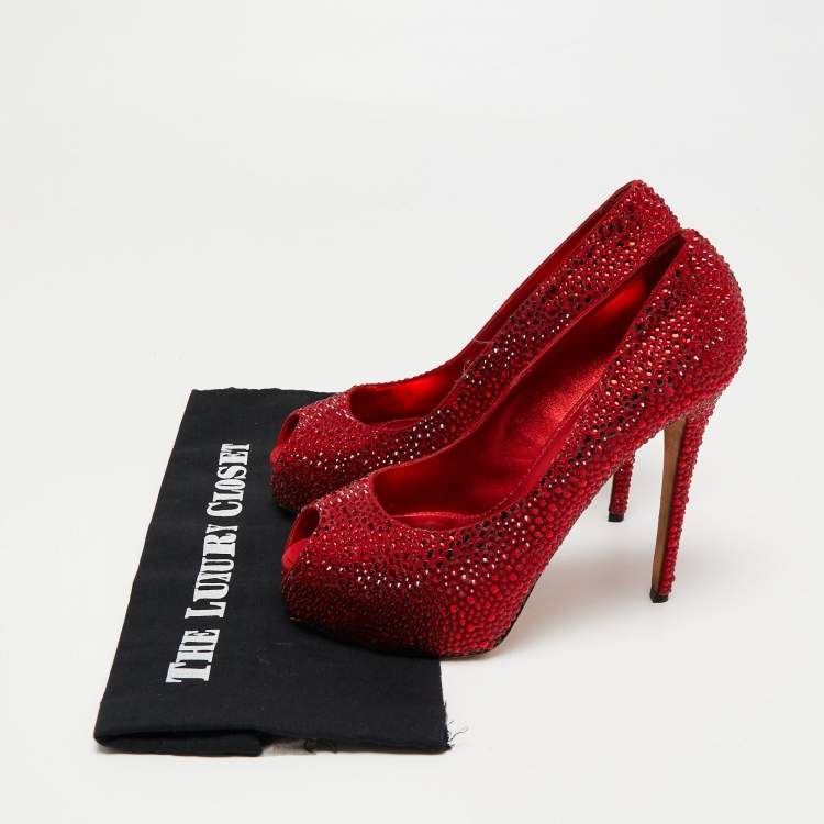 Pre Owned Le Silla Red Crystal Embellished Suede Peep Toe Platform Pumps Size 39