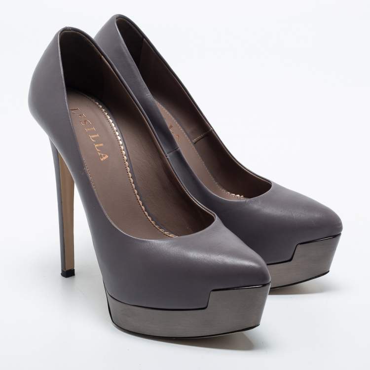 Pre Owned Le Silla Grey Leather Platform Pumps Size 35
