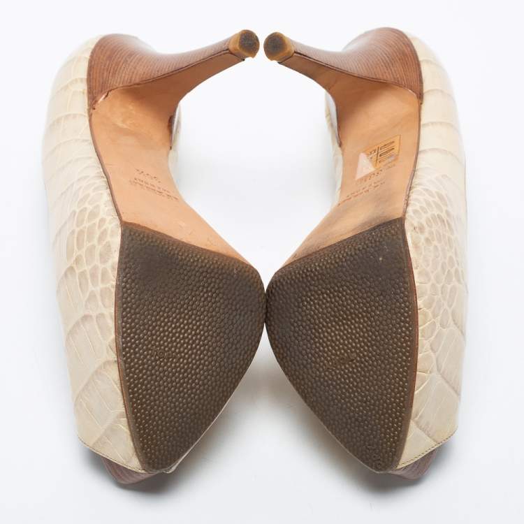 Pre Owned Le Silla Cream Croc Embossed Leather Peep Toe Pumps Size 36.5