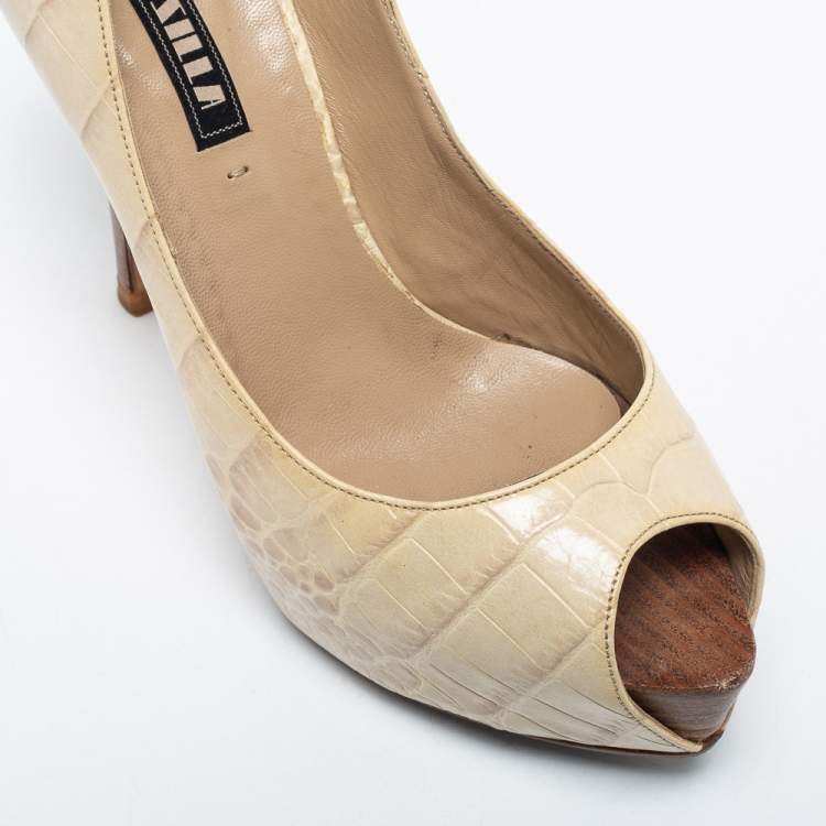 Pre Owned Le Silla Cream Croc Embossed Leather Peep Toe Pumps Size 36.5