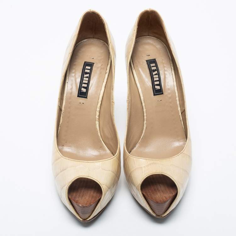 Pre Owned Le Silla Cream Croc Embossed Leather Peep Toe Pumps Size 36.5