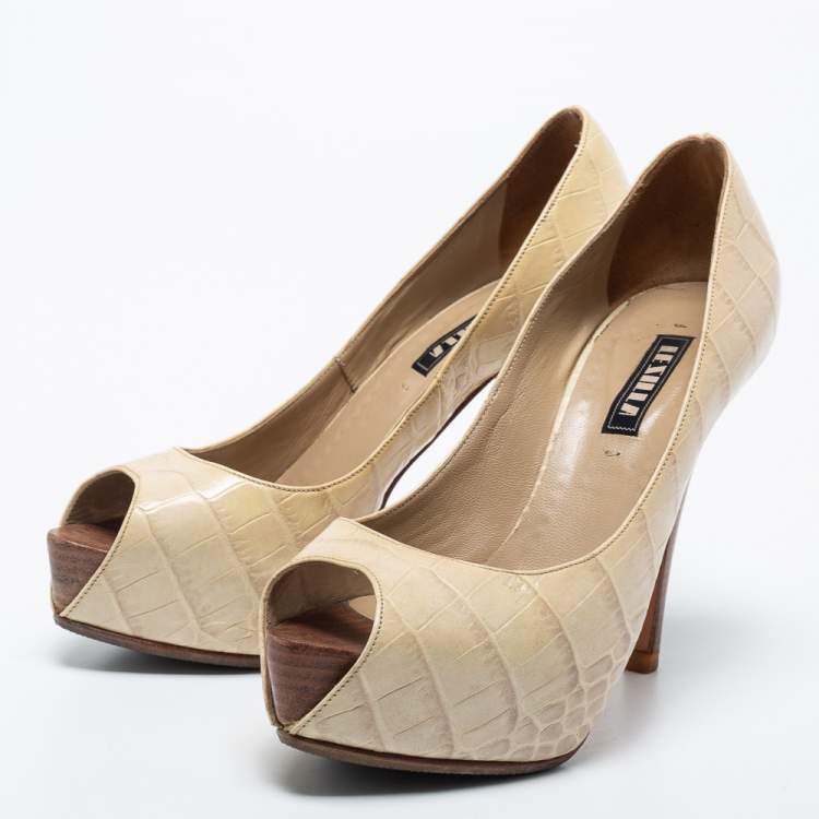 Pre Owned Le Silla Cream Croc Embossed Leather Peep Toe Pumps Size 36.5