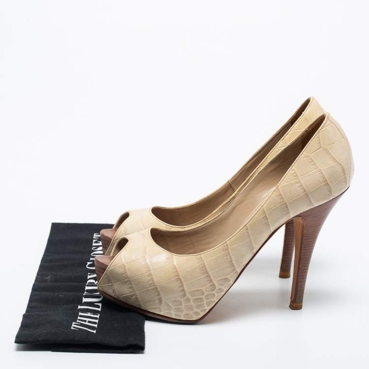 Pre Owned Le Silla Cream Croc Embossed Leather Peep Toe Pumps Size 36.5