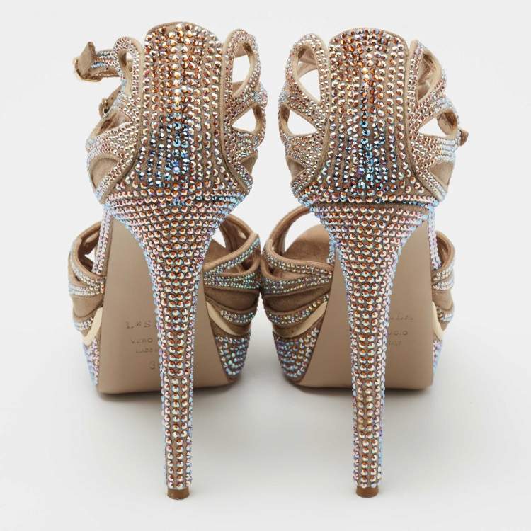 Pre Owned Le Silla Beige Suede Embellished Ankle Strap Sandals Size 36