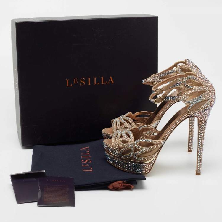 Pre Owned Le Silla Beige Suede Embellished Ankle Strap Sandals Size 36