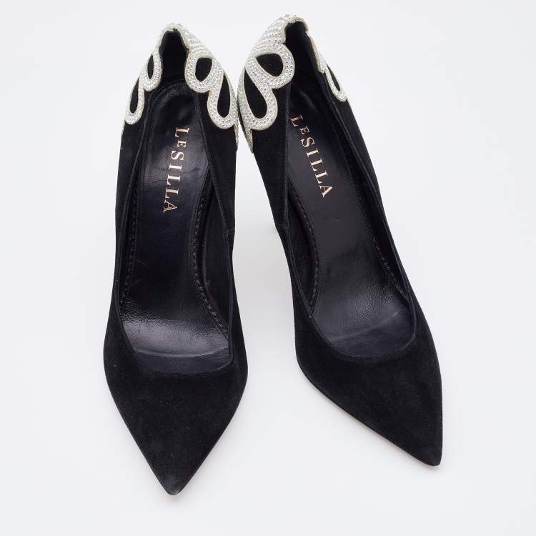 Pre Owned Le Silla Black Suede Crystal Embellished Pumps Size 38.5
