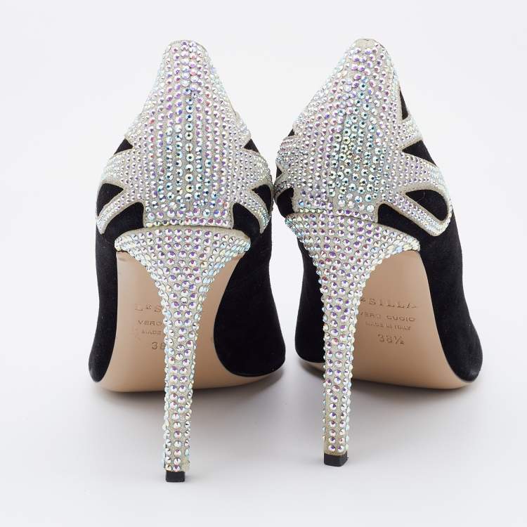 Pre Owned Le Silla Black Suede Crystal Embellished Pumps Size 38.5