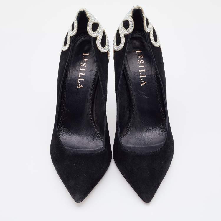 Pre Owned Le Silla Black Suede Crystal Embellished Pumps Size 38.5