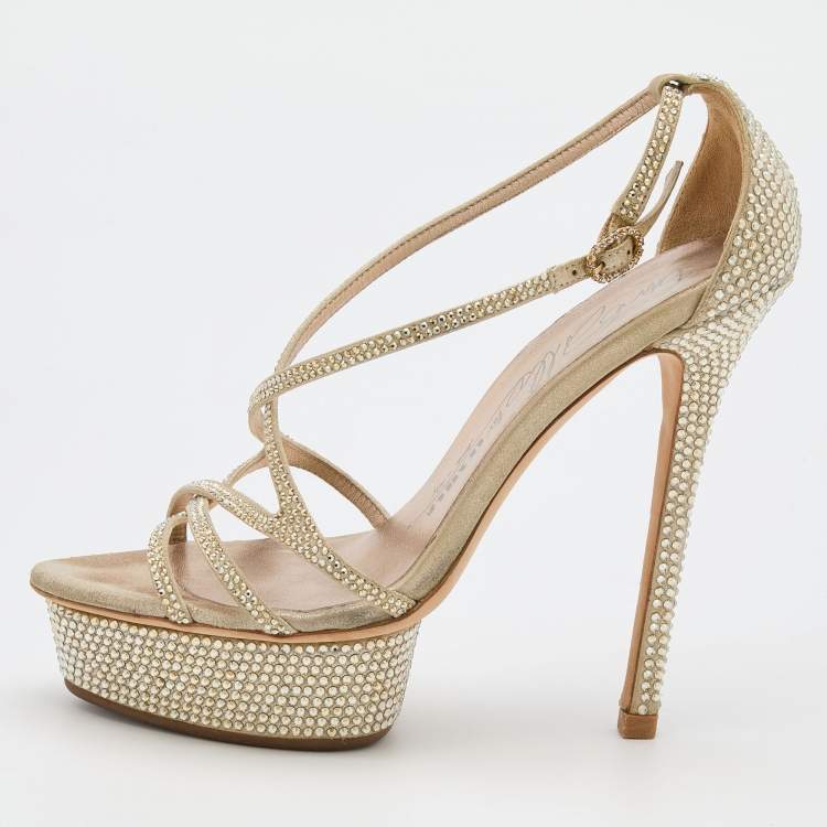 Pre Owned Le Silla Beige Suede Crystal Embellished Strappy Platform Sandals Size 37
