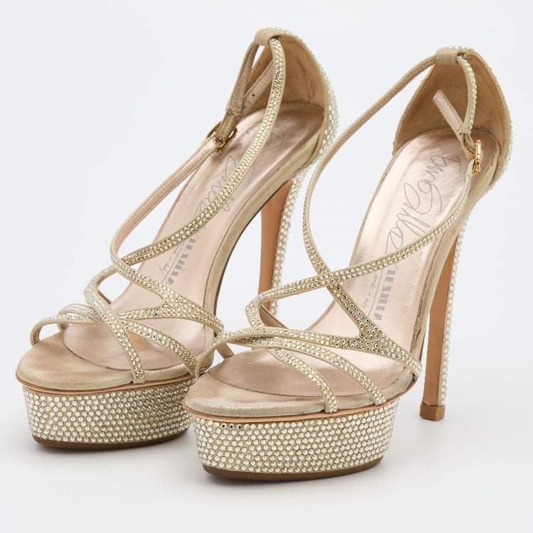 Pre Owned Le Silla Beige Suede Crystal Embellished Strappy Platform Sandals Size 37