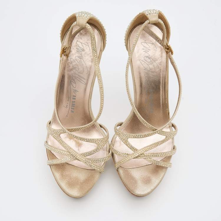 Pre Owned Le Silla Beige Suede Crystal Embellished Strappy Platform Sandals Size 37