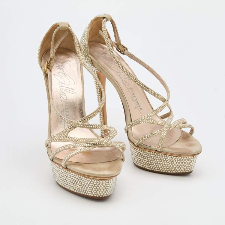 Pre Owned Le Silla Beige Suede Crystal Embellished Strappy Platform Sandals Size 37