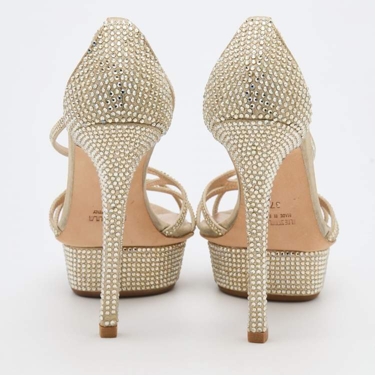 Pre Owned Le Silla Beige Suede Crystal Embellished Strappy Platform Sandals Size 37