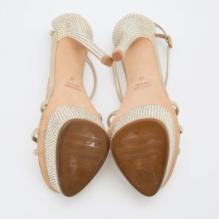 Pre Owned Le Silla Beige Suede Crystal Embellished Strappy Platform Sandals Size 37
