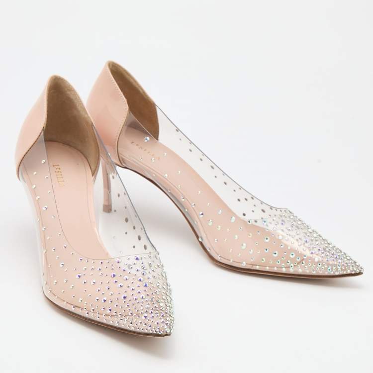 Pre Owned Le Silla Light Beige Patent Leather and PVC Crystal Embellished Pumps Size 37.5