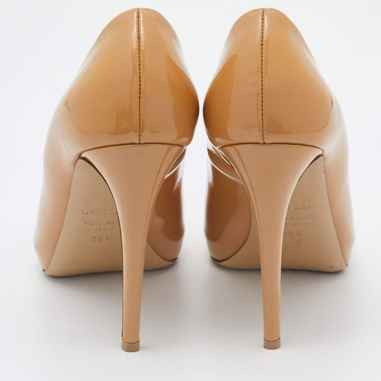 Pre Owned Le Silla Beige Patent Leather Gabry Peep Toe Pumps Size 38.5