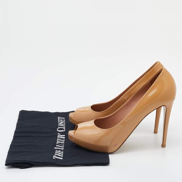Pre Owned Le Silla Beige Patent Leather Gabry Peep Toe Pumps Size 38.5