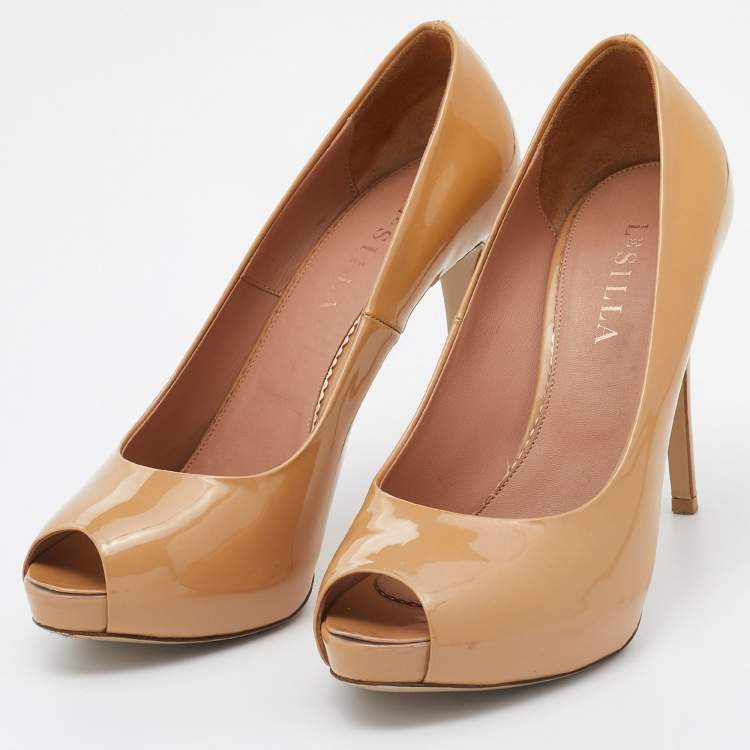 Pre Owned Le Silla Beige Patent Leather Gabry Peep Toe Pumps Size 38.5