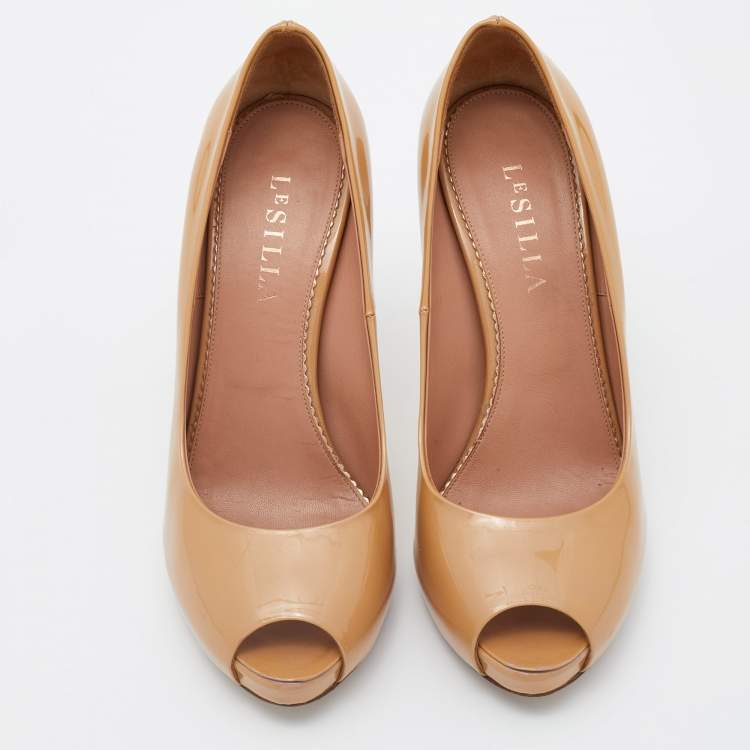 Pre Owned Le Silla Beige Patent Leather Gabry Peep Toe Pumps Size 38.5