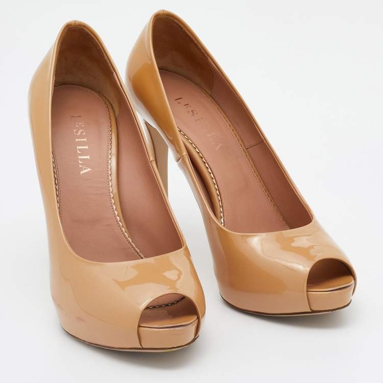 Pre Owned Le Silla Beige Patent Leather Gabry Peep Toe Pumps Size 38.5