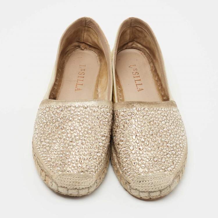 Pre Owned Le Silla Metallic Gold Leather Crystal Embellishments Espadrilles Flats Size 36