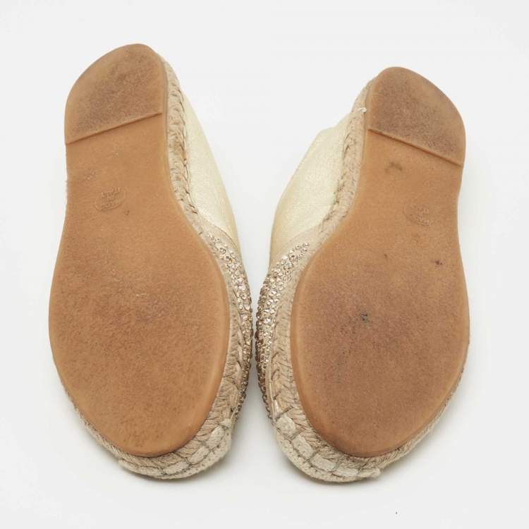 Pre Owned Le Silla Metallic Gold Leather Crystal Embellishments Espadrilles Flats Size 36