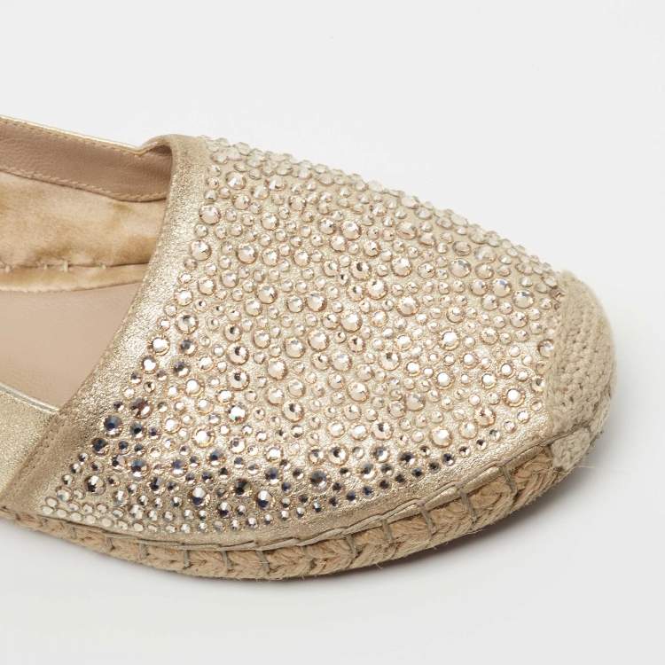 Pre Owned Le Silla Metallic Gold Leather Crystal Embellishments Espadrilles Flats Size 36
