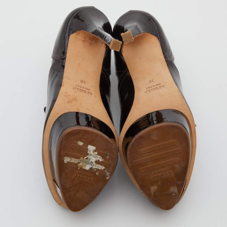Pre Owned Le Silla Dark Brown Patent Leather Lace Up Oxford Platform Booties Size 38