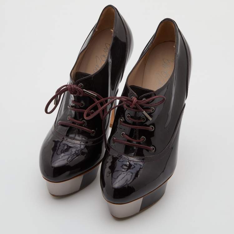 Pre Owned Le Silla Dark Brown Patent Leather Lace Up Oxford Platform Booties Size 38