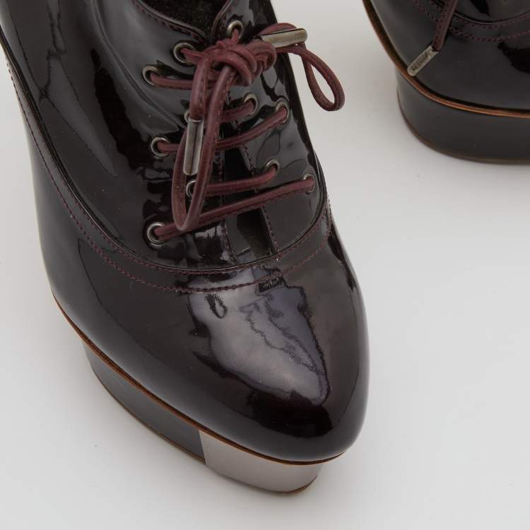 Pre Owned Le Silla Dark Brown Patent Leather Lace Up Oxford Platform Booties Size 38