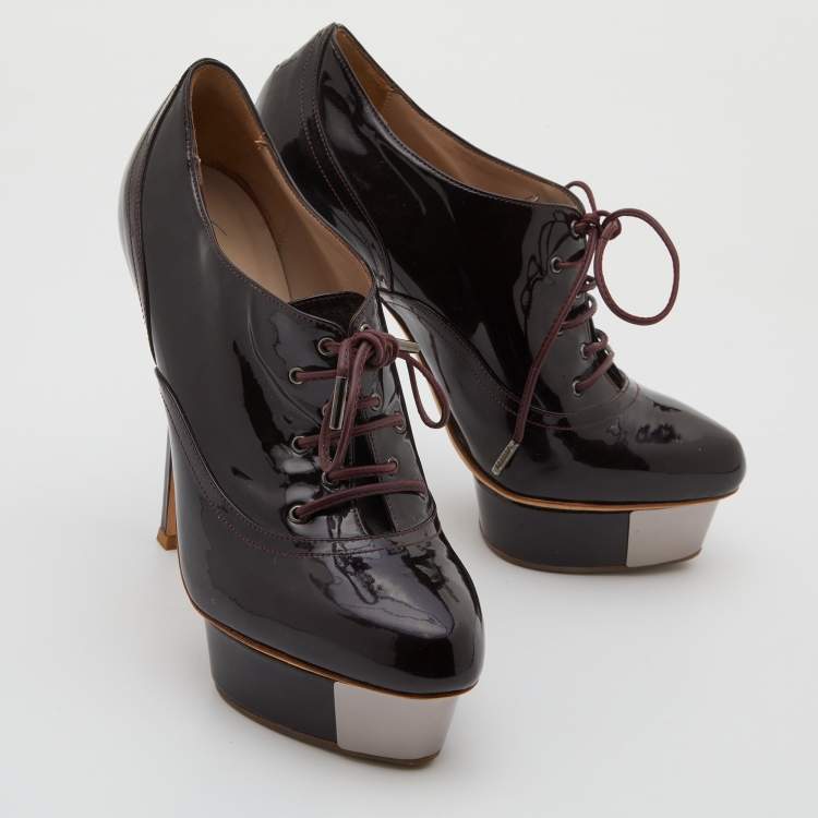 Pre Owned Le Silla Dark Brown Patent Leather Lace Up Oxford Platform Booties Size 38
