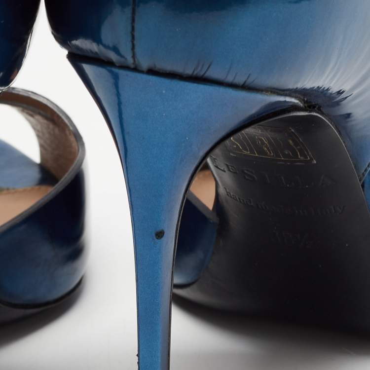 Pre Owned Le Silla Metallic Blue Leather Laser Cut Open Toe D'orsay Pumps Size 38.5