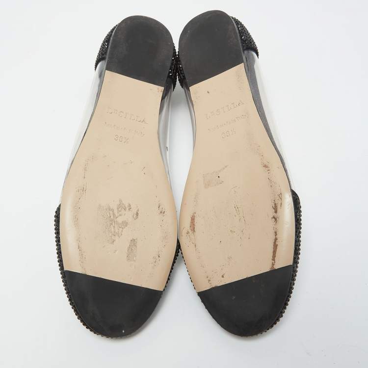 Pre Owned Le Silla Black Crystal Embellished Leather and PVC Ballet Flats Size 38.5