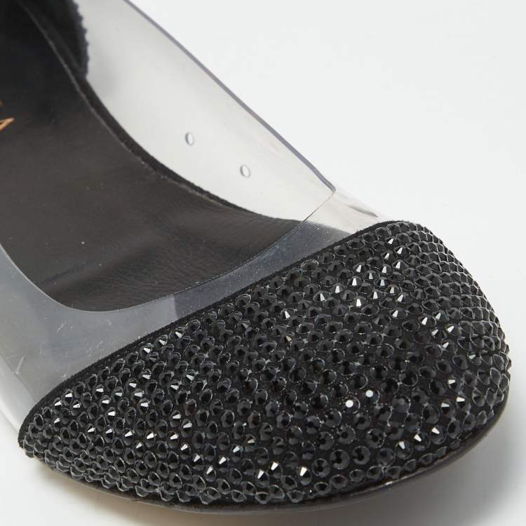 Pre Owned Le Silla Black Crystal Embellished Leather and PVC Ballet Flats Size 38.5