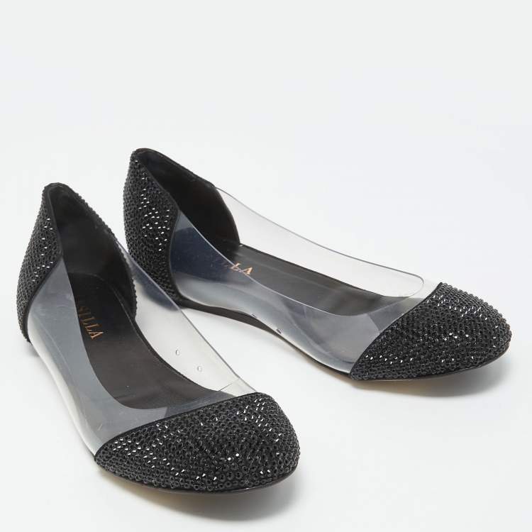 Pre Owned Le Silla Black Crystal Embellished Leather and PVC Ballet Flats Size 38.5
