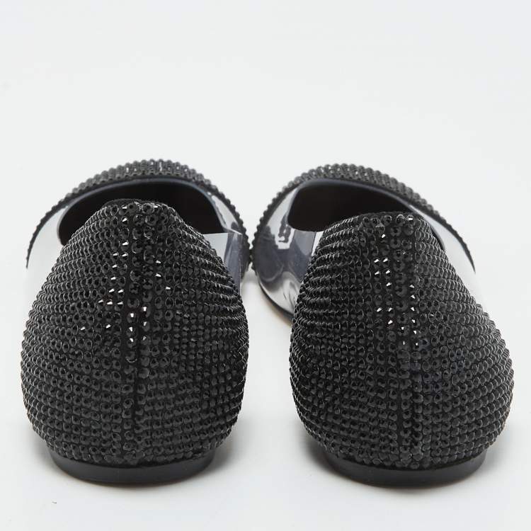 Pre Owned Le Silla Black Crystal Embellished Leather and PVC Ballet Flats Size 38.5