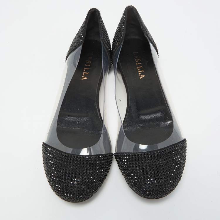 Pre Owned Le Silla Black Crystal Embellished Leather and PVC Ballet Flats Size 38.5