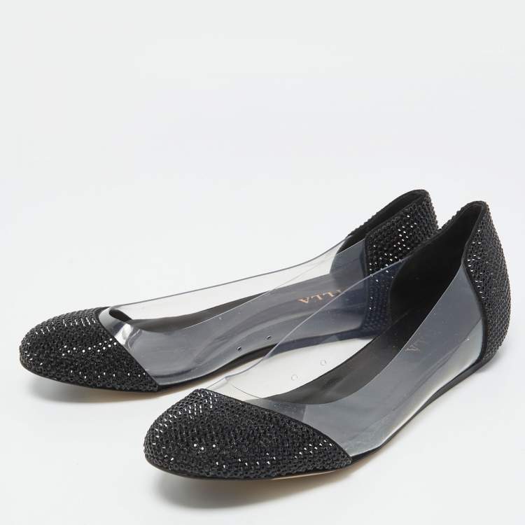 Pre Owned Le Silla Black Crystal Embellished Leather and PVC Ballet Flats Size 38.5