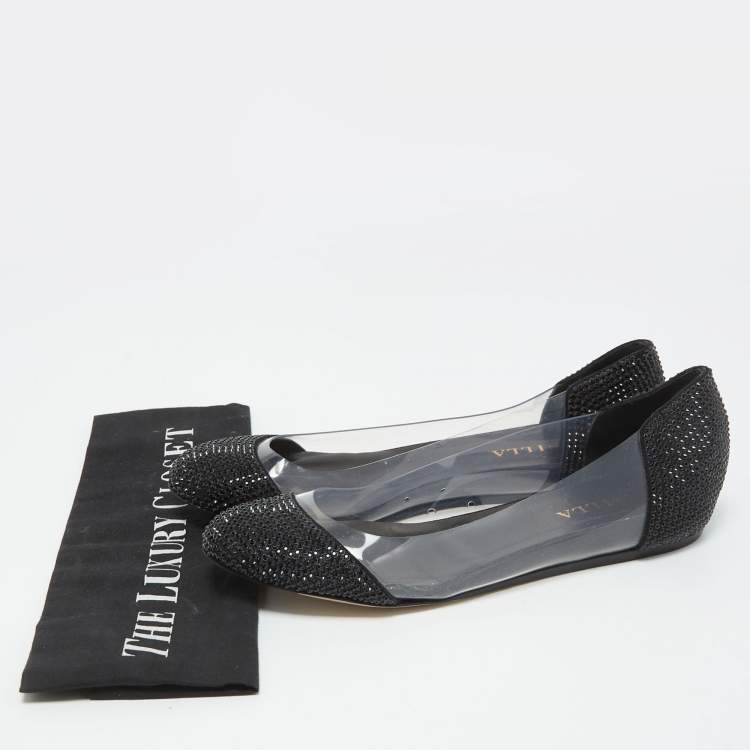 Pre Owned Le Silla Black Crystal Embellished Leather and PVC Ballet Flats Size 38.5