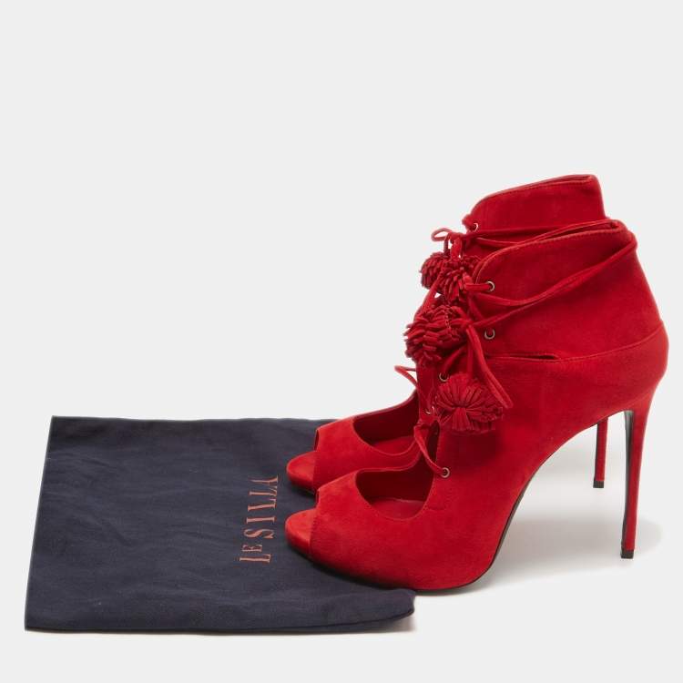 Pre Owned Le Silla Red Suede Lace Up Peep Toe Ankle Boots Size 40
