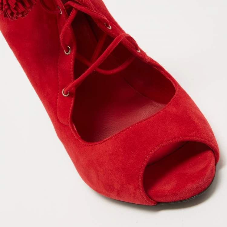 Pre Owned Le Silla Red Suede Lace Up Peep Toe Ankle Boots Size 40