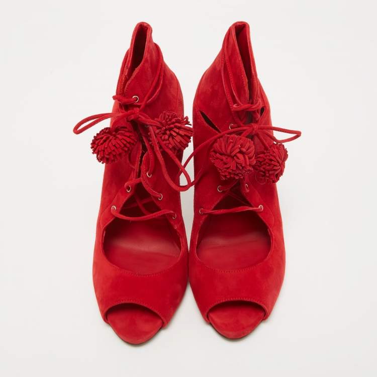 Pre Owned Le Silla Red Suede Lace Up Peep Toe Ankle Boots Size 40
