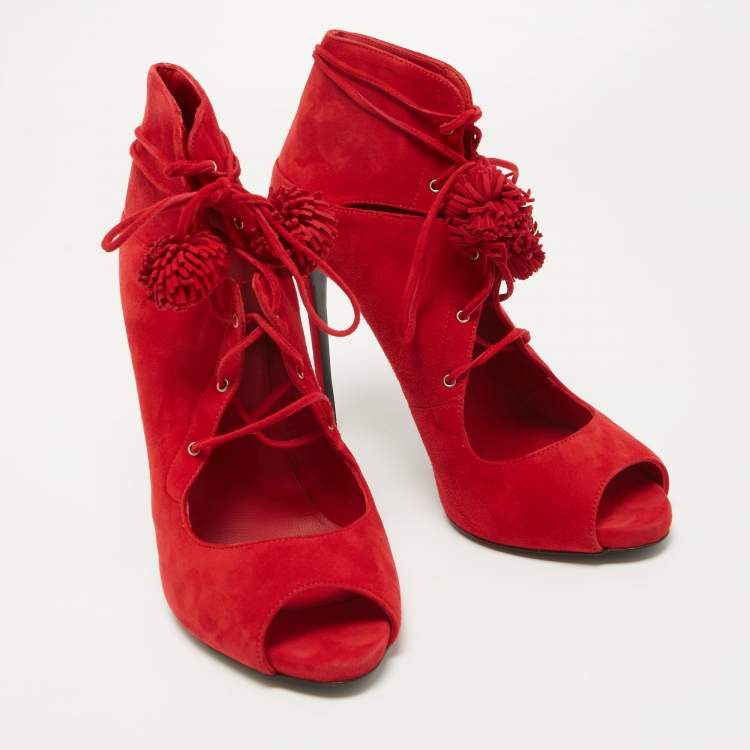 Pre Owned Le Silla Red Suede Lace Up Peep Toe Ankle Boots Size 40