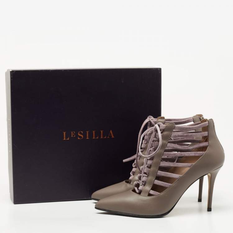 Pre Owned Le Silla Grey Leather Caged Lace Up Ankle Boots Size 35
