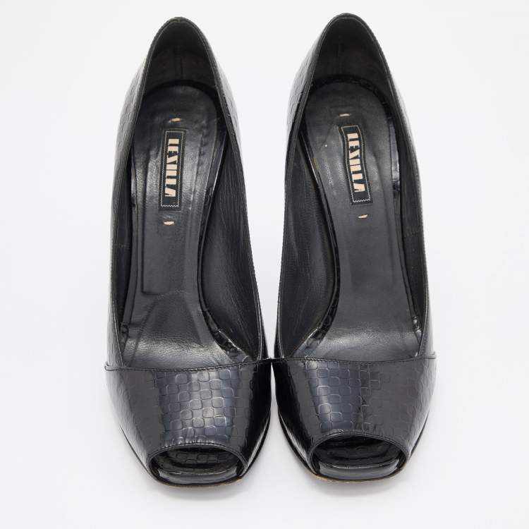 Pre Owned Le Silla Black Leather Peep Toe Pumps Size 38