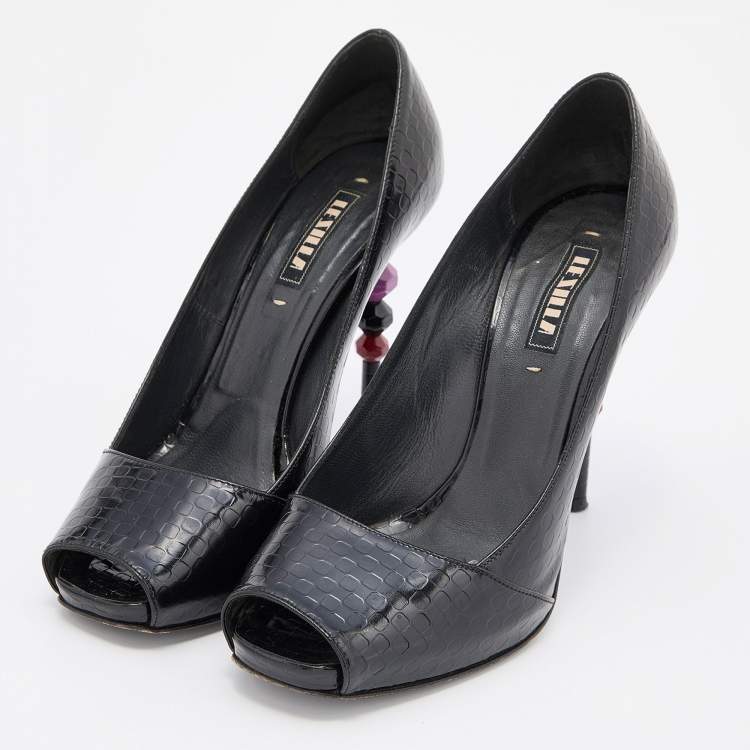 Pre Owned Le Silla Black Leather Peep Toe Pumps Size 38