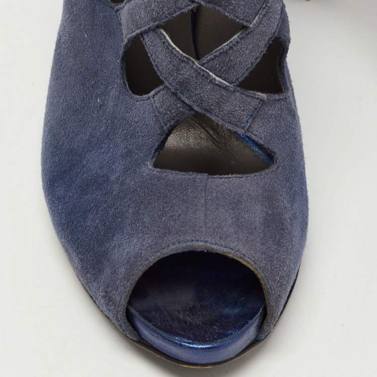 Pre Owned Le Silla Blue Suede Cut Out  Peep Toe Platform Ankle Boots Size 38.5